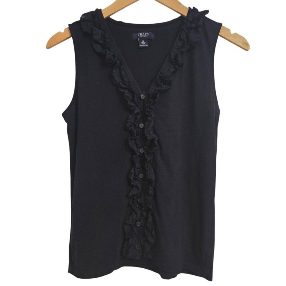 Chaps Women’s Sleeveless Ruffle Front Blouse Medium Navy Blue 100% Cotton Button